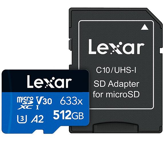 Lexar paměťová karta 512GB High-Performance 633x microSDXC™ UHS-I (čtení / zápis:100 / 70MB / s) C10 A2 V30 U + adaptér (LSDMI512BB633A)