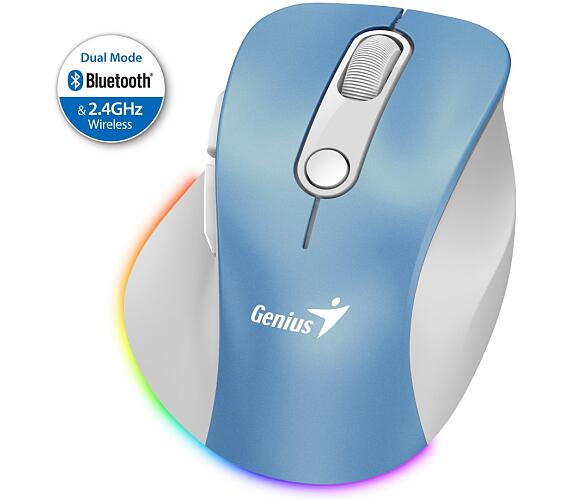 Genius Ergo 9000S Pro Light Blue/ duální Bluetooth + 2,4GHz/ 2400 dpi/ bezdrátová/ 6tlačítková/ dobíjecí/ RGB/ modrobílá (31030039401)