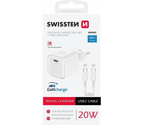 Swissten GaN 1x USB-C 20W PD + Datový kabel USB-C/USB-C 1.2m