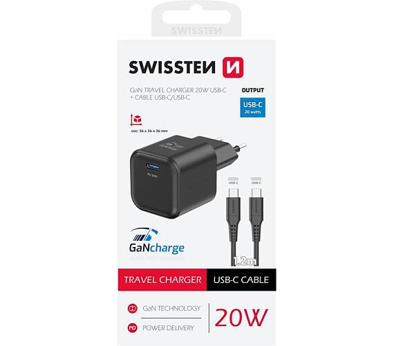 Swissten SÍŤOVÝ ADAPTÉR GaN 1x USB-C 20W POWER DELIVERY ČERNÝ + DATOVÝ KABEL USB-C/USB-C 1,2 M ČERNÝ