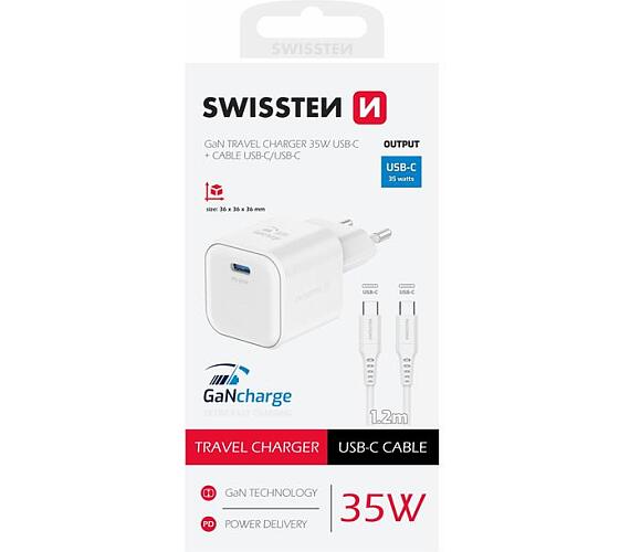 Swissten SÍŤOVÝ ADAPTÉR GaN 1x USB-C 35W POWER DELIVERY BÍLÝ + DATOVÝ KABEL USB-C/USB-C 1,2 M BÍLÝ