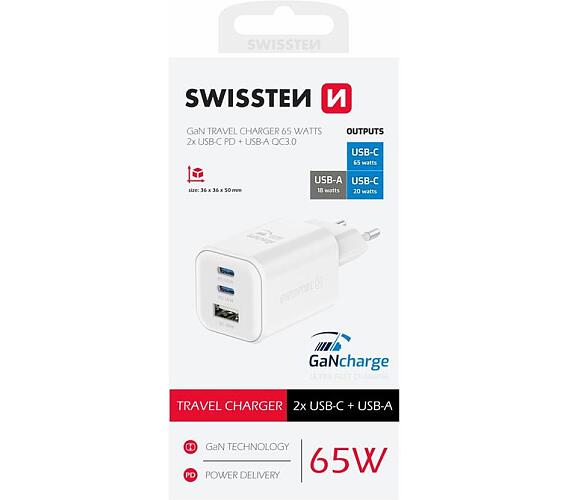 Swissten SÍŤOVÝ ADAPTÉR GaN 2x USB-C 65W PD + 1x USB-A 18W QC BÍLÝ
