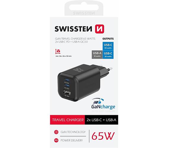 Swissten SÍŤOVÝ ADAPTÉR GaN 2x USB-C 65W PD + 1x USB-A 18W QC ČERNÝ