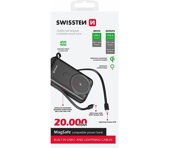 Swissten POWER BANK 20000 mAh PD 20W S INTEGROVANÝMI KABELY USB-C A LIGHTNING (kompatibilní s MagSafe) + DOPRAVA ZDARMA