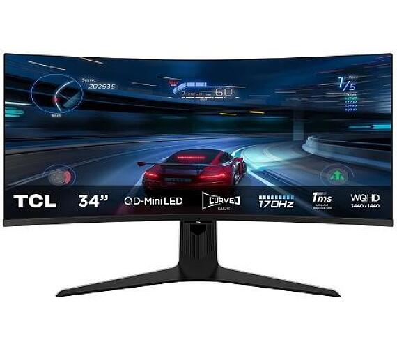 TCL LCD herní 34R83Q 34" zakřivený Mini LED / VA / 3840×1440@170Hz / 1ms / 1400cd / 2xHDMI / DP / 4xUSB / USB-C / Repro / Pivot / VESA