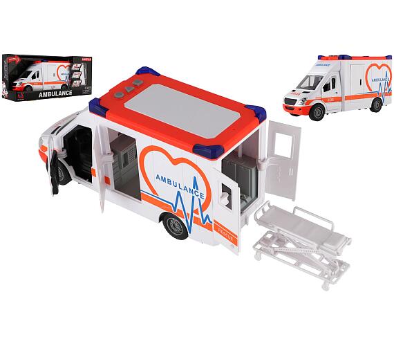 Teddies Auto ambulance plast 28cm s lehátkem na setrvačník se světlem se zvukem v krabici 39x18x12cm