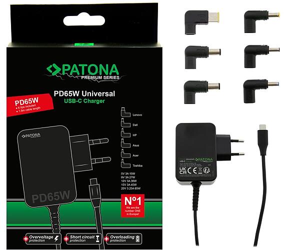 PATONA napájecí adaptér k ntb/ 18,5-20V 65W/ 6 konektorů/ UNI/ USB-C/ Power delivery (PT2649)