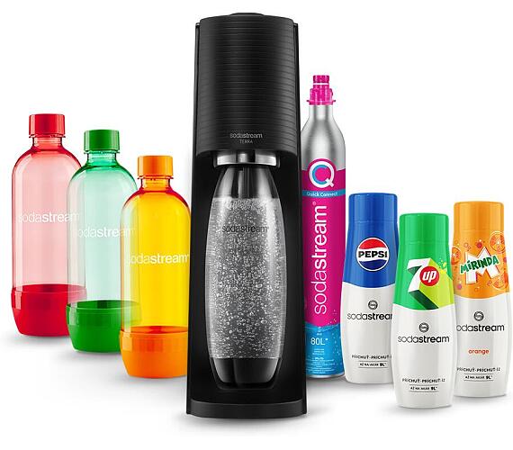 SodaStream Terra Black + Láhev SodaStream 1l TriPack ORANGE/RED/GREEN + Sirup SodaStream PEPSI 440 ml + 7UP 440 ml + MIRINDA 440 ml + DOPRAVA ZDARMA