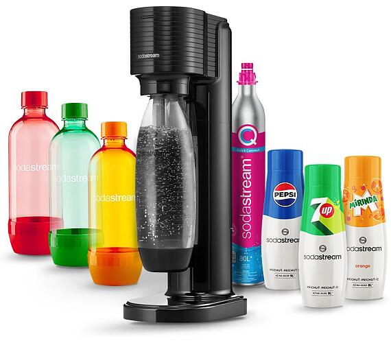 SodaStream GAIA Black + Láhev SodaStream 1l TriPack ORANGE/RED/GREEN + Sirup SodaStream PEPSI 440 ml + 7UP 440 ml + MIRINDA 440 ml