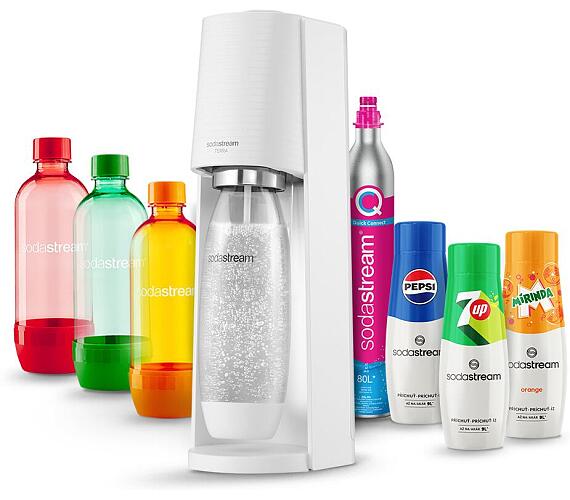 SodaStream Terra White + Láhev SodaStream 1l TriPack ORANGE/RED/GREEN + Sirup SodaStream PEPSI 440 ml + 7UP 440 ml + MIRINDA 440 ml