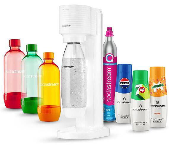 SodaStream GAIA White + Láhev SodaStream 1l TriPack ORANGE/RED/GREEN + Sirup SodaStream PEPSI 440 ml + 7UP 440 ml + MIRINDA 440 ml