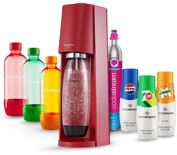 SodaStream Terra Red + Láhev SodaStream 1l TriPack ORANGE/RED/GREEN + Sirup SodaStream PEPSI 440 ml + 7UP 440 ml + MIRINDA 440 ml