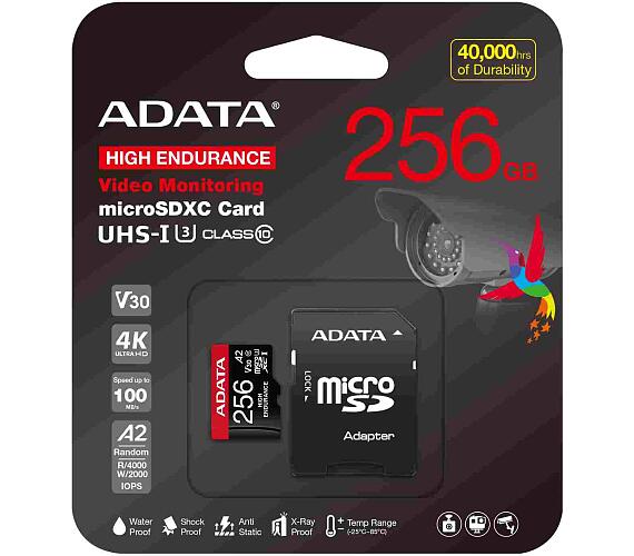 ADATA MicroSDXC karta 256GB High Endurance UHS-I C10 V30 A2 (R:100/W:85 MB/s) + SD adaptér (AUSDX256GUI3V30SHA2-RA1)