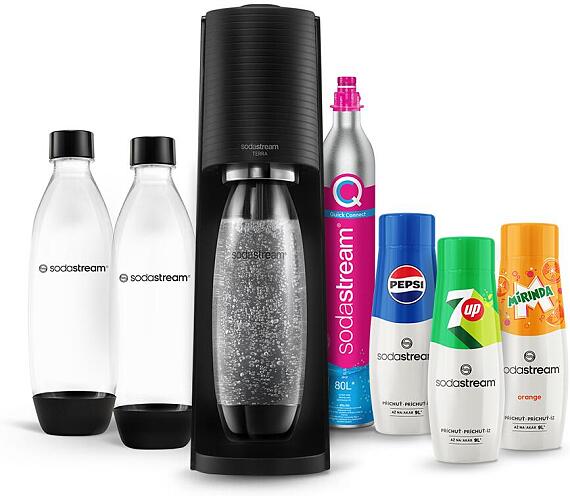 SET Vrobnk sody SodaStream Terra Black + Nhradn lhev SodaStream FUSE 2x1l, ern + Sirup Sodastream Pepsi 440 ml + 7UP 440 ml + Mirinda 440 ml