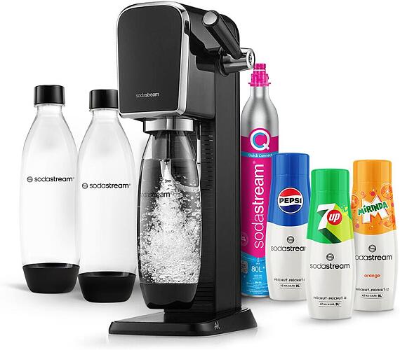 SET Vrobnk sody SodaStream Art Black + Nhradn lhev SodaStream FUSE 2x1l, ern + Sirup Sodastream Pepsi 440 ml + 7UP 440 ml + Mirinda 440 ml