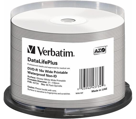 Verbatim DVD-R 4,7GB 16x WIDE GLOSSY WATERPROOF PRINT. No ID spindl 50pck/BAL (SKVERB43734)