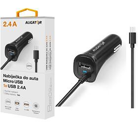 Nabíječka do auta ALIGATOR s Micro USB kabelem a USB výstupem 2.4A, černá