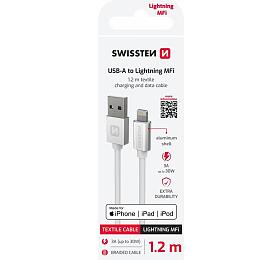 DATOVÝ KABEL SWISSTEN TEXTILE USB / LIGHTNING MFi 1,2 M STŘÍBRNÝ