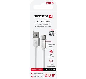 DATOVÝ KABEL SWISSTEN TEXTILE USB / USB-C 2,0 M STŘÍBRNÝ