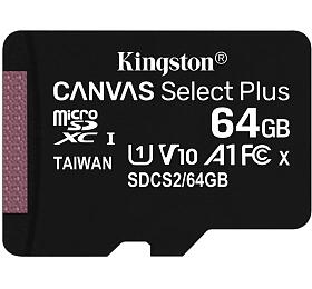 KINGSTON 64GB microSDHC CANVAS Plus Memory Card 100MB read - UHS-I class 10 Gen 3 - bez adaptru (SDCS2/64GBSP)