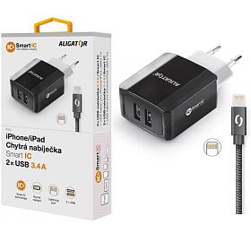 Nabíječka ALIGATOR CHS0001 3.4A, 2xUSB, smart IC, černá, USB kabel pro iPhone/iPad 2A