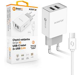 Aligator 2.4A, 2xUSB, smart IC, bílá, USB-C kabel 2A