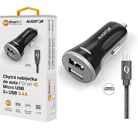 Nabíječka do auta ALIGATOR s Micro USB kabelem a 2xUSB výstupem 3.4A, černá