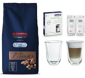 SET Kva DeLonghi Kimbo 100% Arabica 1kg zrnkov + DeLonghi EcoDecalk mini + Skleniky na latte macchiato DeLonghi