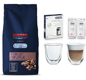 SET Kva DeLonghi Kimbo Prestige 1kg + DeLonghi EcoDecalk mini + Skleniky na cappuccino DeLonghi