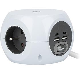 Solight prodluovac pvod kostka, 3 zsuvky, 4x USB + Wireless 10W, 1,5m, 3x1,5mm2, bl
