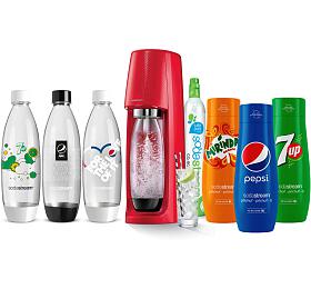SodaStream Spirit Red +&amp;nbsp;Náhradní láhve FUSE 3&amp;nbsp;x 1l&amp;nbsp;+ Sirup Mirinda 440 ml&amp;nbsp;+ Sirup 7UP 440 ml&amp;nbsp;+ Sirup Pepsi 440 ml