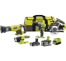 Ryobi R18CK4-252S, aku 18 V set (R18DD3 + R18T-0 + RRS1801M + R18CSP + 1 x 5,0 Ah + 1 x 2 Ah baterie + nabjeka)