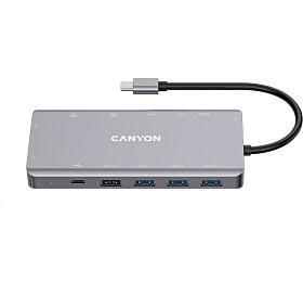 CANYON replikátor portů DS-12 13v1, 1xUSB-C PD 100W, 2xHDMI (4K), VGA, 4xUSB-A, RJ45 Gb, 3.5mm jack, SD/micro SD čtečka (CNS-TDS12)