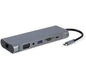 Dokovací stanice Gembird USB-C 7v1 multiport USB 3.0 + HDMI + VGA + PD + čtečka karet + stereo audio