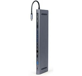 Gembird USB-C 9v1 multiport USB + HDMI + VGA + PD + čtečka karet + LAN + audio (A-CM-COMBO9-01)