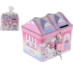 Teddies Pokladnika domeek jednoroec plechov se zmkem 11x9cm rov v sku