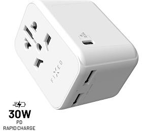 Cestovn adaptr FIXED Voyager 30 W pro EU, UK a USA/AUS, s 1xUSB-C a 2xUSB vstupem, GaN, PD 30W, bl