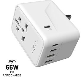 Cestovn adaptr FIXED Voyager 65 W pro EU, UK a USA/AUS, s 3xUSB-C a 2xUSB vstupem, GaN, PD 65W, bl