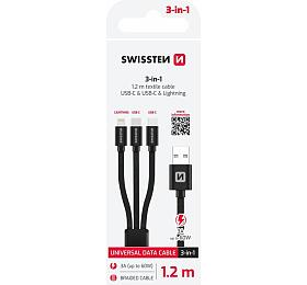 SWISSTEN DATOVÝ KABEL TEXTILE 3in1 1,2 M ČERNÝ (Lightning, 2x USB-C)