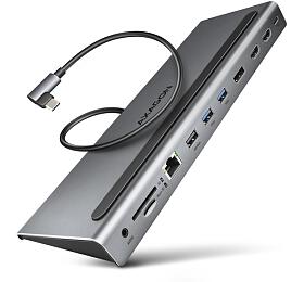 Axagon AXAGON HMC-4KX3 USB 5Gbps hub, 3x USB-A, 2x HDMI, DP, RJ-45, SD/microSD, audio, PD 100W, kabel 40cm