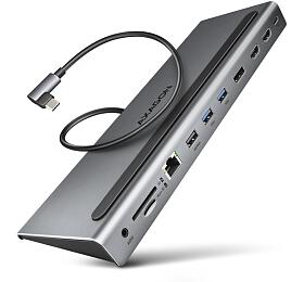 Axagon HMC-4KX3 USB 5Gbps hub, 3x USB-A, 2x HDMI, DP, RJ-45, SD/microSD, audio, PD 100W, kabel 40cm
