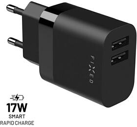 Síťová nabíječka FIXED s 2xUSB výstupem, 17W Smart Rapid Charge, černá