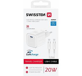 Sov adaptr Swissten GaN 1x USB-C 20W PD + Datov kabel USB-C/USB-C 1.2m, bl