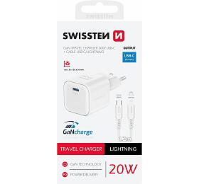 Sov adaptr SWISSTEN 1x USB-C 20W PD + Datov kabel USB-C/LIGHTNING 1.2m, bl