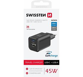 Sov adaptr SWISSTEN GaN 1x USB-C 45W PD + 1x USB-A 18W QC, ern