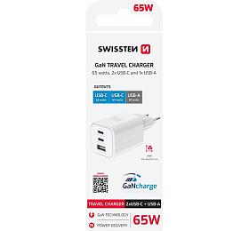 SWISSTEN SÍŤOVÝ ADAPTÉR GaN 2x USB-C 65W PD + 1x USB-A 30W QC BÍLÝ