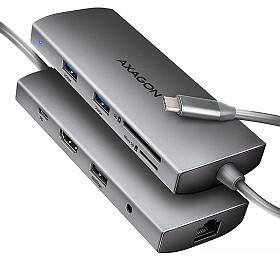 Axagon HMC-8HLSA, USB 5Gbps hub, 3x USB-A, HDMI 4k/60Hz, RJ-45 GLAN, SD/microSD, audio, PD 100W