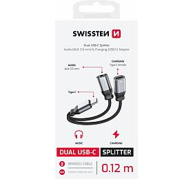 NABÍJECÍ AUDIO ADAPTÉR SWISSTEN TEXTILE USB-C (samec) / USB-C (samice) a 3,5mm AUX 0,12 M ČERNÝ