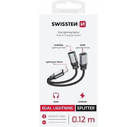 NABÍJECÍ AUDIO ADAPTÉR SWISSTEN TEXTILE LIGHTNING (samec) / 2x LIGHTNING (samice) 0,12 M ČERNÝ
