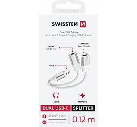NABÍJECÍ AUDIO ADAPTÉR SWISSTEN TEXTILE USB-C (samec) / USB-C (samice) a 3,5mm AUX 0,12 M BÍLÝ